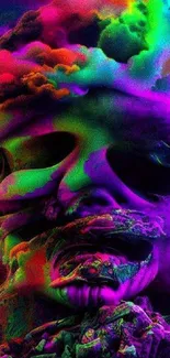 Vibrant neon skull art with psychedelic cloud patterns.