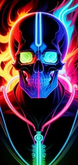 Vibrant neon skull wallpaper with colorful glow.