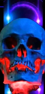 Vibrant neon blue and red skull art design.