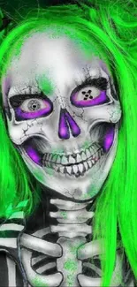 Vibrant neon skull art wallpaper with green hair and purple accents.