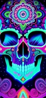 Vibrant neon skull mobile wallpaper with colorful psychedelic designs.