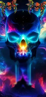 Vibrant neon skull wallpaper with cosmic colors.