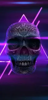 Intricate neon skull with purple accents in a futuristic art style.