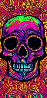 Vibrant neon skull art with psychedelic colors, ideal for a bold mobile wallpaper.