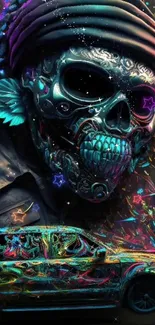 Vibrant neon skull with colorful graffiti elements on black background.