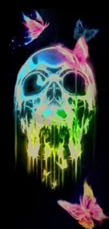 Vibrant neon skull with bright colors and butterflies on a dark background.