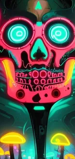 Neon skull with glowing mushrooms art design, vibrant and futuristic.