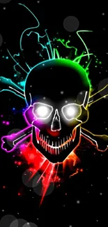 Vibrant neon skull on a dark background with colorful accents.