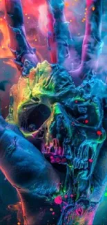 Vibrant neon skull hand with colorful splashes.