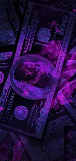 Vibrant neon skull on dollar-themed wallpaper.