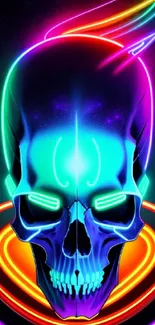 Neon skull with vibrant cyan hues and abstract design elements.