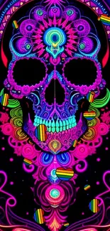 Vibrant neon skull design with intricate patterns on a dark background.