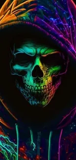 Neon skull in a hoodie with vibrant colors on a dark background.