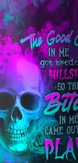 Vibrant neon skull wallpaper with bold colors and text.