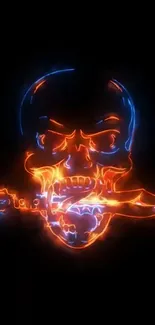 Neon skull with knife in vivid colors on black background.