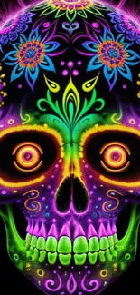 Intricate neon skull wallpaper with colorful floral designs on a black background.