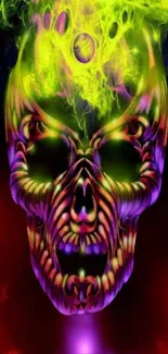 Neon skull with vibrant green and purple hues, perfect for mobile wallpaper.