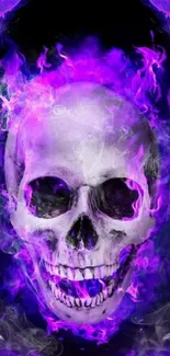 Neon skull with purple flames on a dark background for mobile wallpaper.