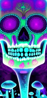 Neon skull with mushrooms in vibrant colors on a dark background.