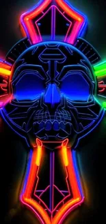 Vibrant neon skull design with bright colors on a dark background.