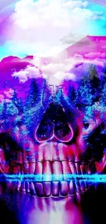 Vibrant neon skull with purple and blue hues on a mountainous landscape.