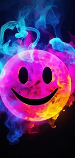 Neon smiley face with colorful flames on black background.