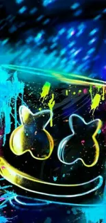 Vibrant neon smile on colorful abstract background.