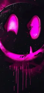 Neon smiley face with vibrant pink hues on a dark background.