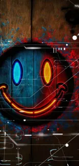 Neon smiley face on rustic wooden background with vibrant colors.