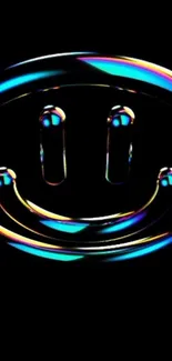 Colorful neon smiley face with iridescent glow on a dark background.