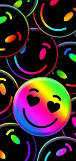 Colorful neon smiley face wallpaper with vibrant expressions.