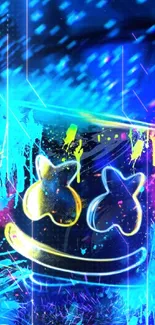 Vibrant neon smiley face wallpaper with blue and colorful splashes.