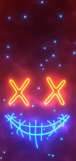 Vibrant neon smiley face with glowing eyes and colorful background.