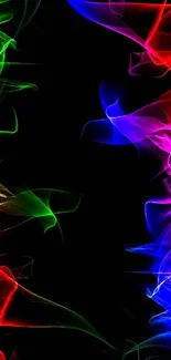 Vibrant neon smoke surrounds a black mobile background.