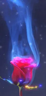 Neon rose with flowing smoke on dark background.