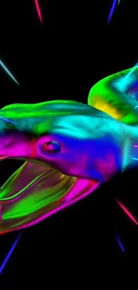 Vibrant neon snake with colorful glowing effects on black background.