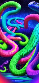 Vibrant neon snakes in a cosmic scene wallpaper.