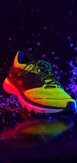 Neon sneaker splashing in vibrant colors on dark background.