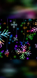 Colorful neon snowflakes on black background wallpaper.