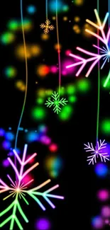 Vibrant neon snowflakes on black background mobile wallpaper.