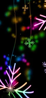 Neon snowflakes glowing on a dark background, full of vibrant colors.