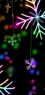 Vibrant neon snowflake design on a black background with colorful accents.