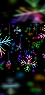 Colorful neon snowflakes on a black background.