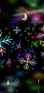 Vibrant neon snowflake wallpaper with colorful cosmic elements.