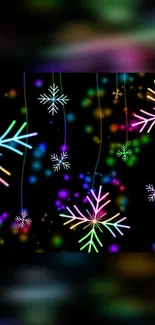 Neon snowflake wallpaper with a black background and vibrant colors.