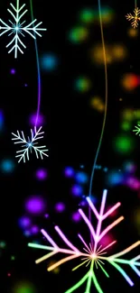 Neon snowflakes on vibrant dark background for mobile wallpaper.