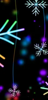 Vibrant neon snowflakes on a dark abstract background.