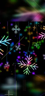 Vibrant neon snowflakes on a black mobile wallpaper.