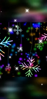 Vibrant neon snowflakes on black wallpaper.