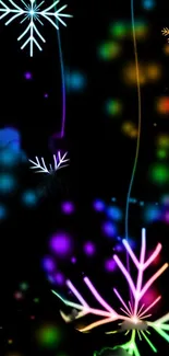 Vibrant neon snowflakes on a black background mobile wallpaper.